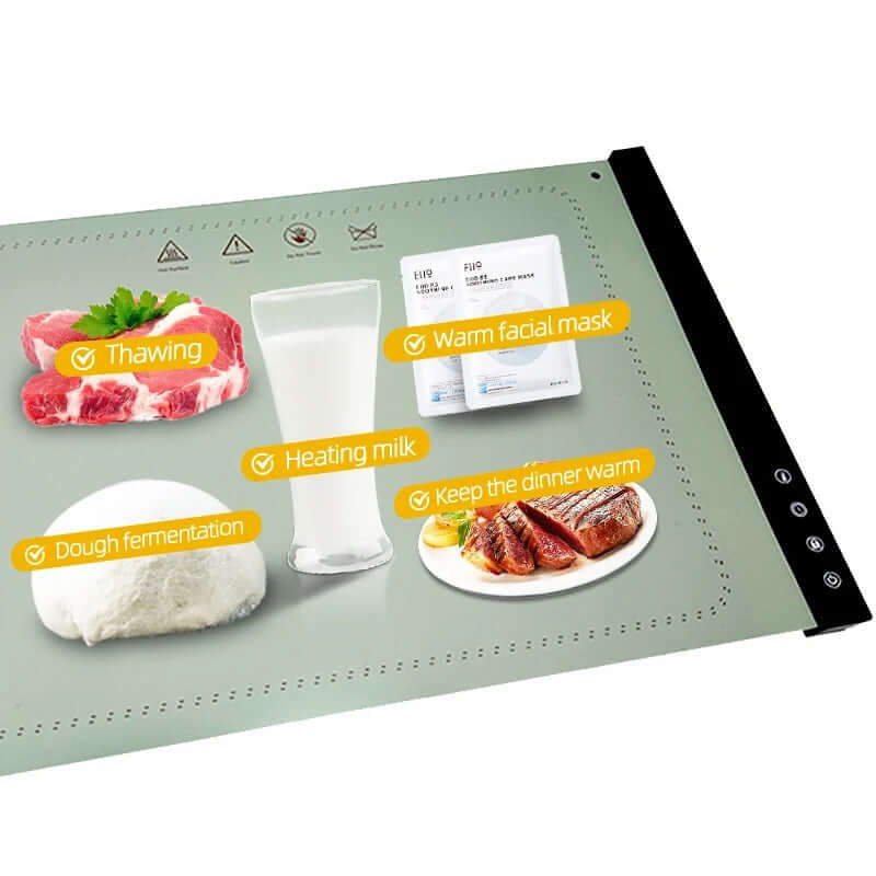 Foldable Food Insulation Board Heating Mat showcasing uses like thawing, heating milk, and keeping dinner warm.