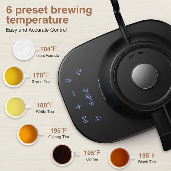 Electric Gooseneck Kettle Temperature Control Pour-Over Tea Kettle For Coffee Brewing;  Stainless Steel Inner;  1300W Rapid Heating;  Temp Holding Matte Black