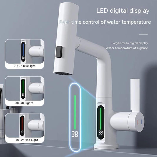 Intelligent Digital Display Pull-Out Kitchen Faucet – Temperature Display & Rotating Basin Faucet