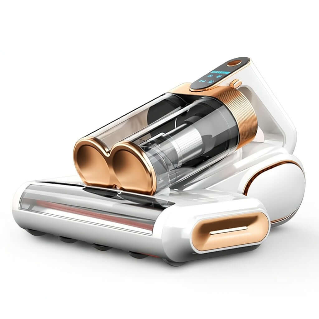 Mattress Vacuum Cleaner 16KPa UV-C Ultrasonic with transparent dust container and ergonomic design.