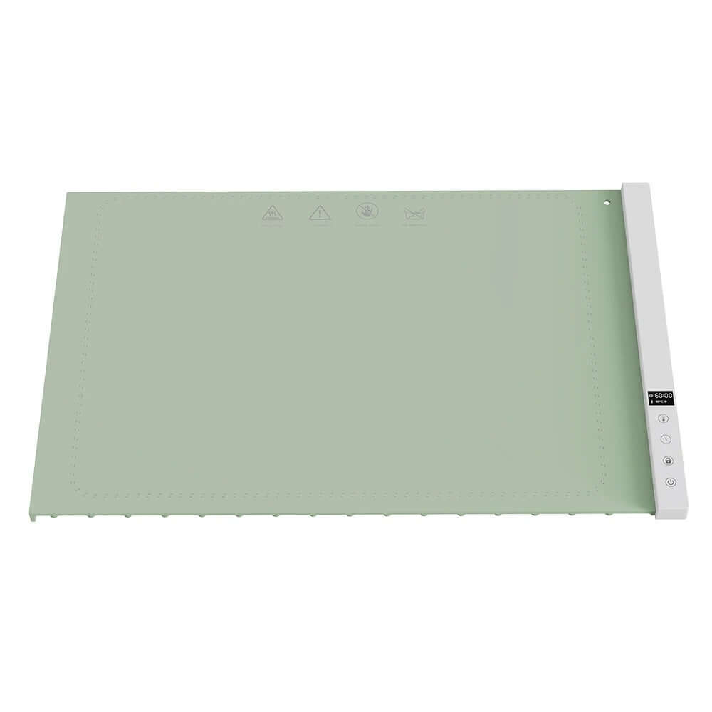 Foldable Food Insulation Board Heating Mat in light green color with control panel for adjusting heat settings.