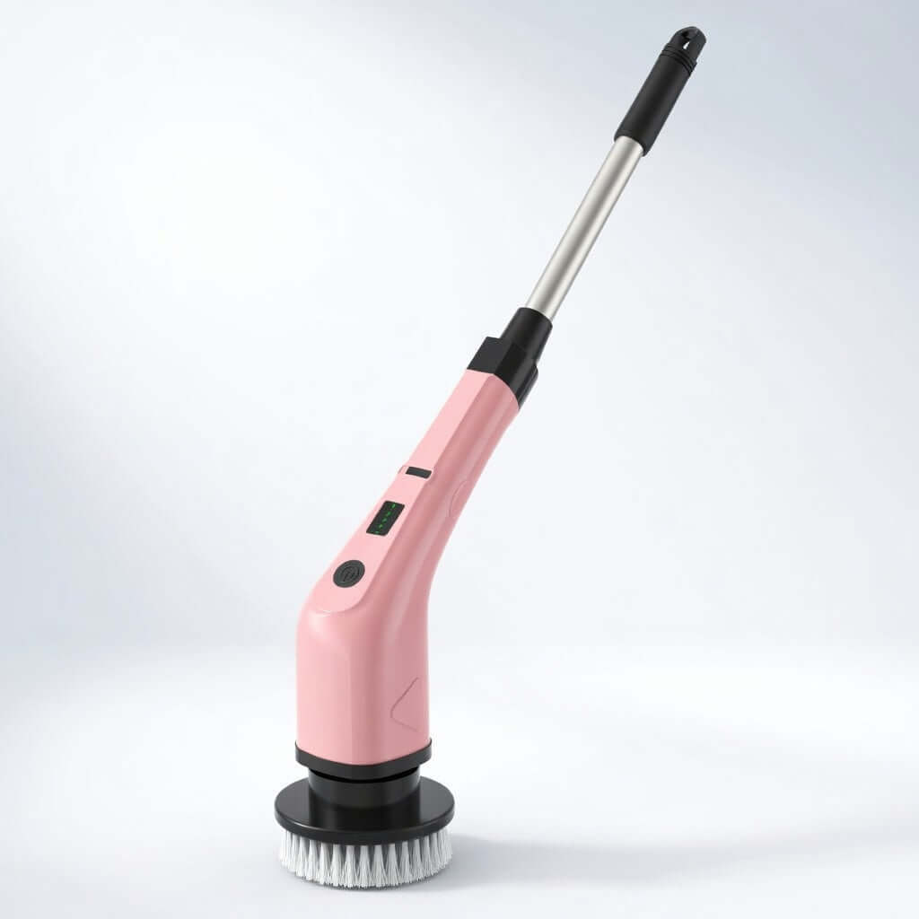 Electric Spin Scrubber Cordless Powerful Effortless Cleaning in pink color with ergonomic design and brush head.