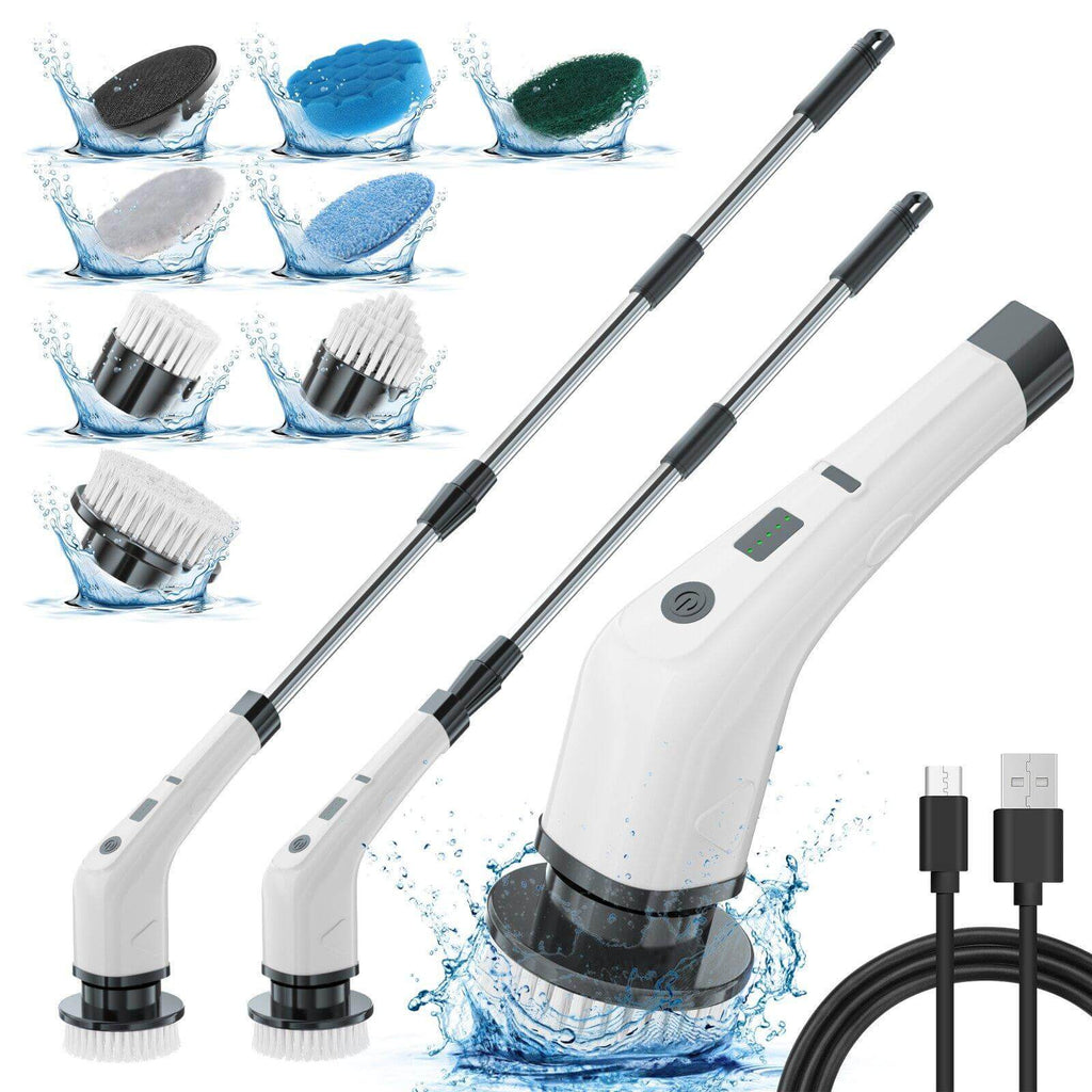 electric spin scrubber cordless telescopic handle extended showing length adjustment from 12 to 58 inches
